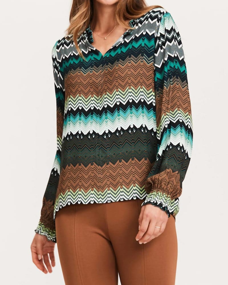 Front of a model wearing a size L Alicia Crepe Chevron Blouse in Multi in Multi by Tyler Boe. | dia_product_style_image_id:332577